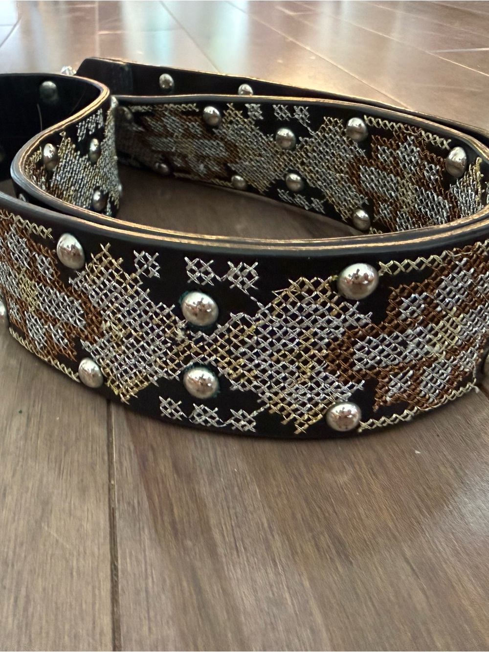 Rebecca Minkoff Black Leather Wide Guitar Purse strap  with Metallic Embroidery